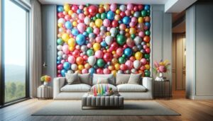 salon con decoracion con globos sencilla de colores